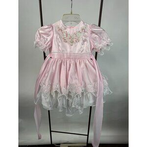Vintage Lida Girls Pink Satin Pagent Dress W/ Lace & Sequin Embellishments Size